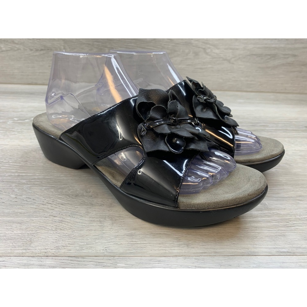 Dansko Black Patent Leather Floral Applique Wedge Slide Sandals Women's 11